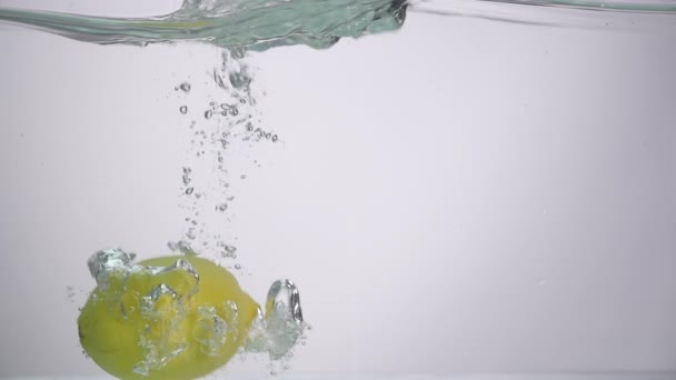 Lemon falling into water shot against white background - Video