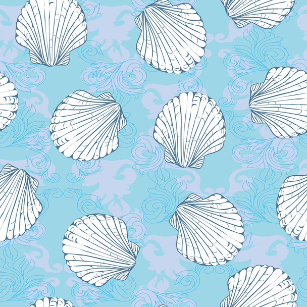 Vector seamless pattern with hand drawn scallop shells. Beautifu - Vector, Image