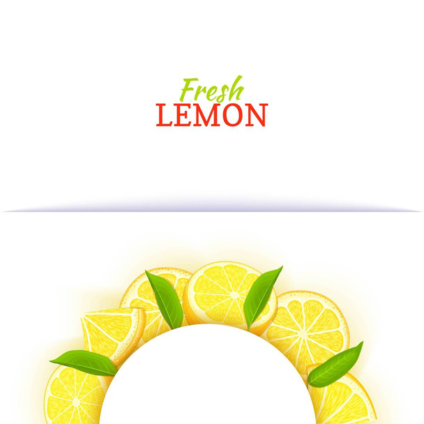 Semicircle white frame composed of delicious tropical lemon. Vector card illustration. Yellow lime citrus half-round frame for design of food packaging juice breakfast cosmetics tea detox diet - Vector, Image