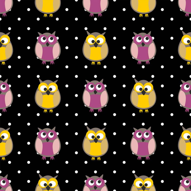 Tile vector pattern with owls and dots on black background - Vector, Image