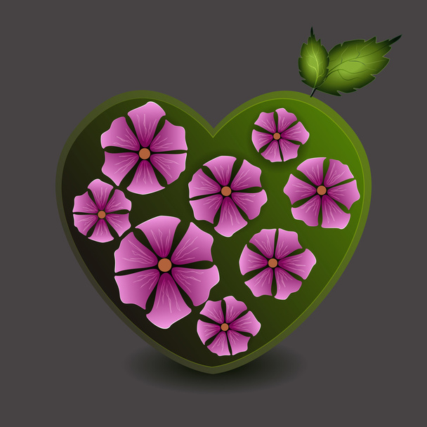 Green heart with flowers. Vector illustration. - Vektör, Görsel