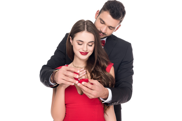 boyfriend proposing girlfriend isolated on white - Zdjęcie, obraz