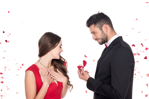 boyfriend proposing girlfriend isolated on white, valentines day concept - Zdjęcie, obraz