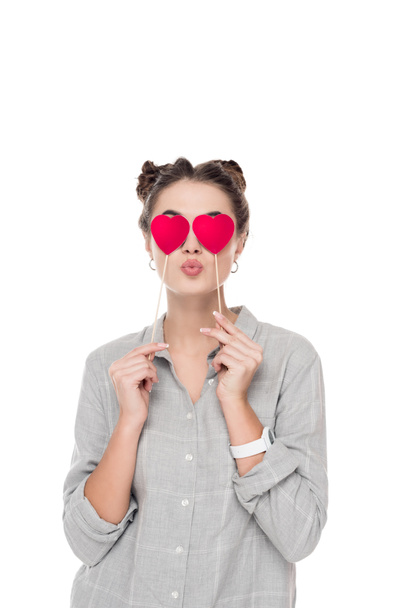girl covering eyes with paper hearts isolated on white, valentines day concept - Photo, Image