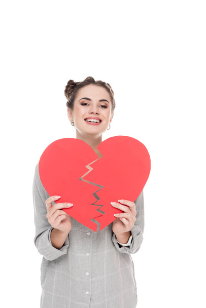 happy girl holding two pieces of paper heart isolated on white, valentines day concept - Photo, Image
