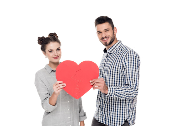 couple holding two pieces of paper heart isolated on white, valentines day concept - Φωτογραφία, εικόνα