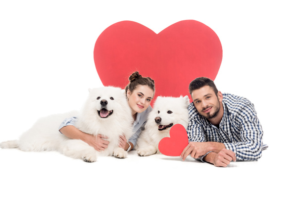 couple lying with dogs on white, valentines day concept - Foto, Imagen