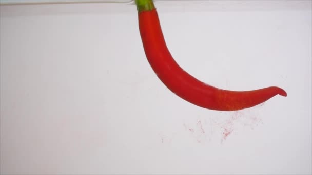 Studio shot red bell peppers in water splash in aquarium on white background - Filmati, video