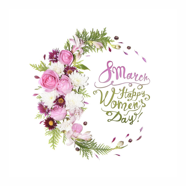 8 mars. Joyeuse journée des femmes ! Carte avec cadre floral
 - Photo, image