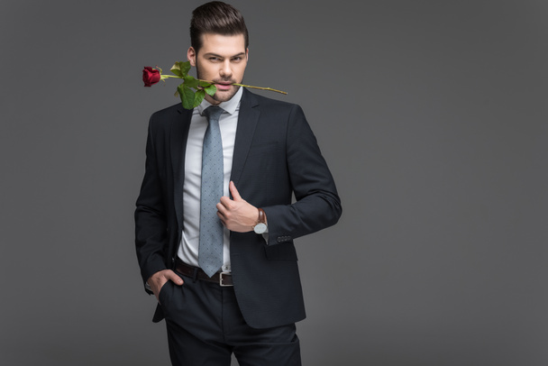 handsome man in suit holding red rose in mouth, isolated on grey - Фото, изображение