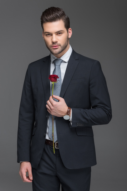 handsome bearded man in suit holding red rose, isolated on grey - Foto, Imagem