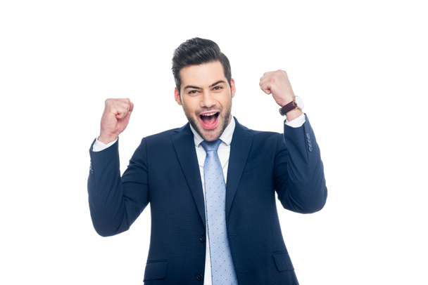 excited businessman yelling in suit, isolated on white - Фото, зображення