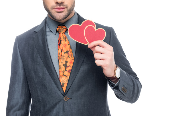 cropped view of man with valentines greeting card, isolated on white - Fotoğraf, Görsel