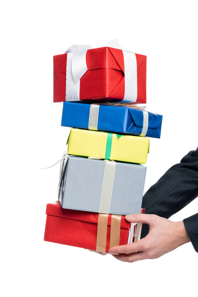 cropped view of man holding gift boxes, isolated on white - Foto, Imagem