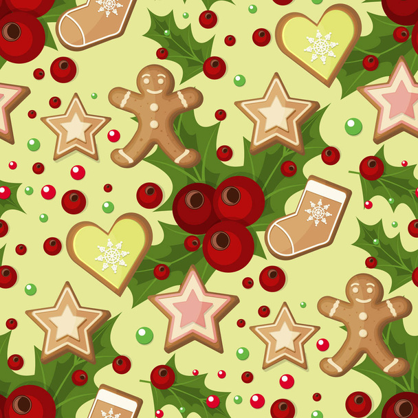 Karácsonyi varrat nélküli mintát a fenyő ágak holly bogyók és csillagok vektoros illusztráció téli ünnep karácsony csomagolópapír. Szezon ünnepi szövet dísz. - Vektor, kép