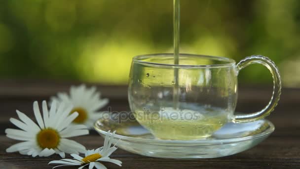 Copa de cristal con té verde en la mesa - Metraje, vídeo