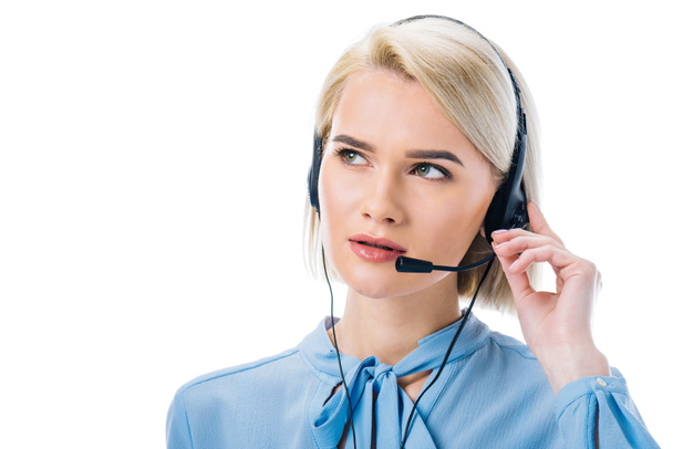 beautiful blonde operator working in headset, isolated on white - Foto, afbeelding
