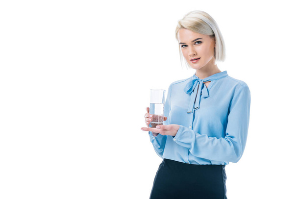 beautiful stylish businesswoman holding glass of water, isolated on white - Photo, image