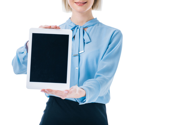 cropped view of businesswoman presenting tablet with blank screen, isolated on white - Fotografie, Obrázek