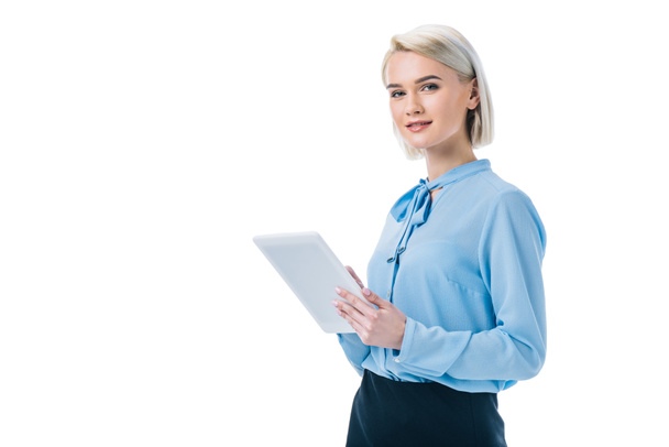 beautiful elegant businesswoman using digital tablet, isolated on white - Zdjęcie, obraz