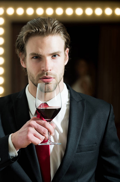 man or businessman hold wine glass, meeting and relax - Foto, imagen