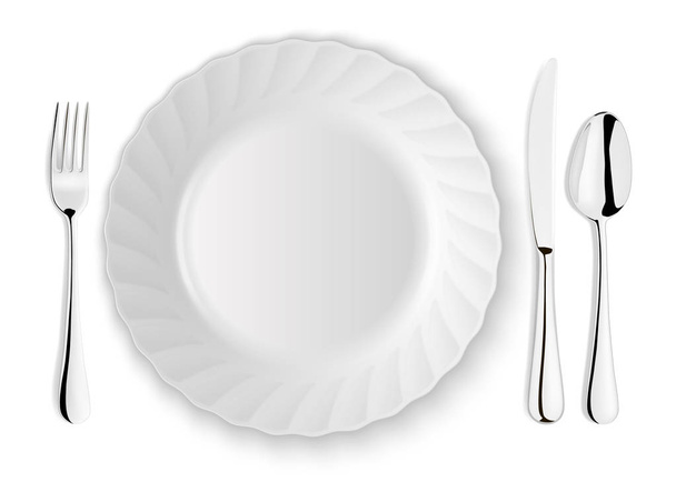Ρεαλιστική διάνυσμα κουτάλι, πιρούνι, μαχαίρι και ένα πιάτο πιάτο closeup απομονώνονται σε λευκό φόντο. Πρότυπο σχεδίασης ή χλευάσουμε επάνω. Το Top view - Διάνυσμα, εικόνα