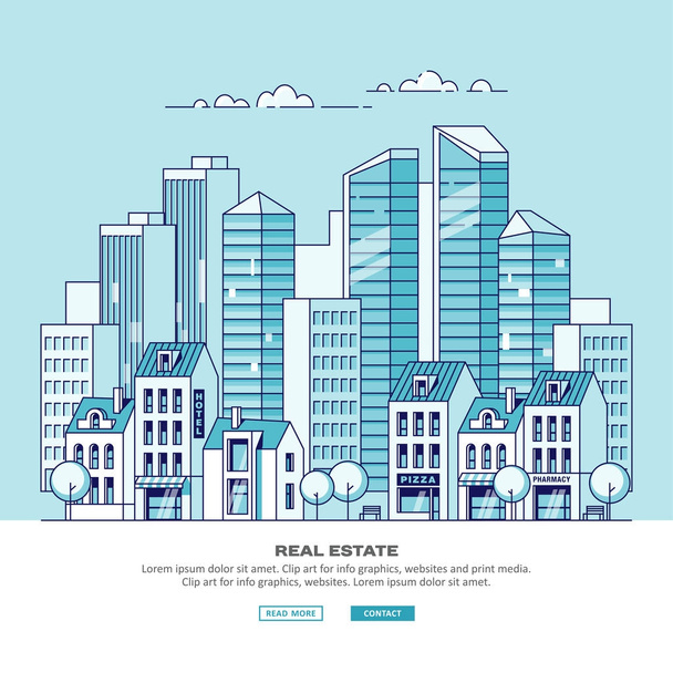 Cityscape. Real estate and construction business concept with traditional houses and skyscrapers. Vector illustration in linear style. - Vector, Image