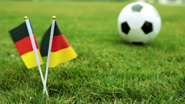 Флаги Германии и футбольный мяч на зеленой траве
. - Кадры, видео