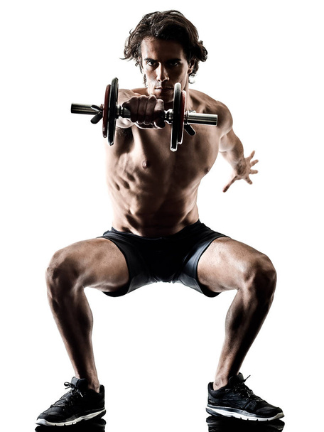 man fitness weitghs training exercises isolated silhouette white - Foto, afbeelding