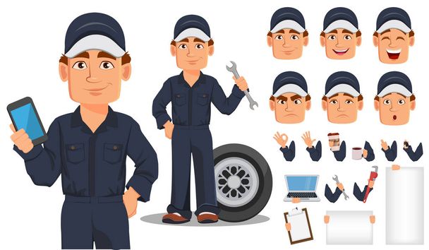 Professional auto mechanic cartoon character creation set. - Vector, Image