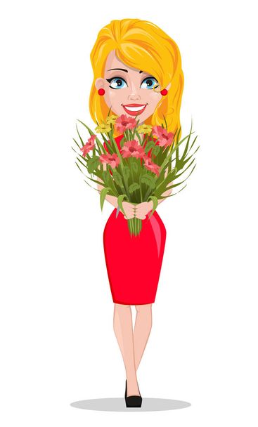 Beautiful woman in red dress holding bouquet of flowers - Vector, Image