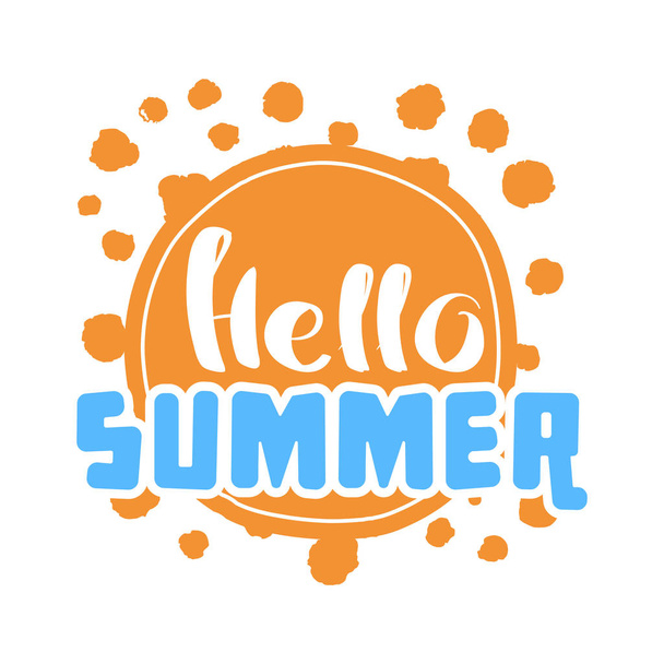 Hello Summer on color circle. Isolated Typographic Design Label. Season Holidays lettering for logo,Templates, invitation, greeting card, prints and posters. Enjoy The Beach party - Вектор, зображення