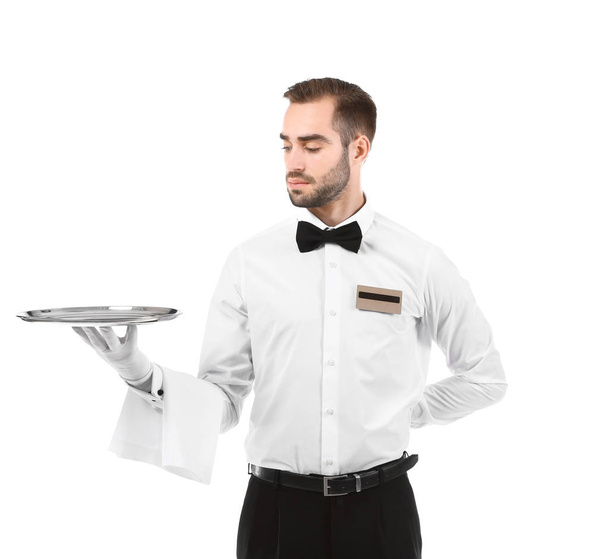 Waiter with metal tray on white background - Fotografie, Obrázek