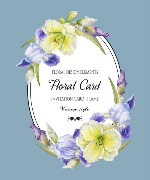 Tarjeta de felicitación floral vintage con un marco de iris acuarela y daylily
 - Foto, imagen