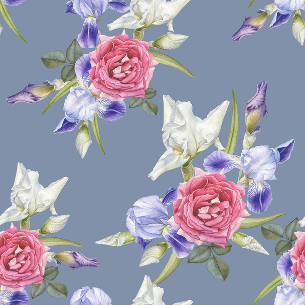Floral seamless pattern with watercolor irises and roses - Photo, Image