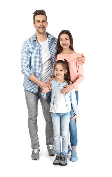 Young family with little daughter on white background - Photo, image