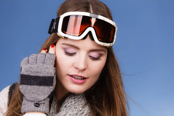 skier girl wearing warm clothes ski googles portrait.  - Photo, image
