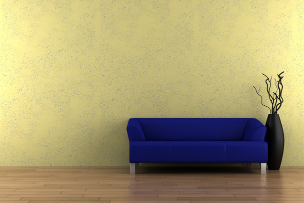 Blue sofa and vase with dry wood - Фото, зображення