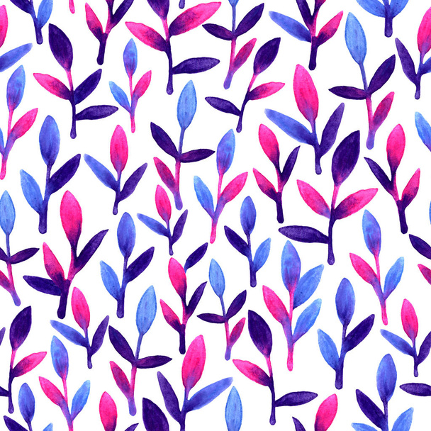 Simple and cute floral seamless pattern. Pink, blue and violet spring leaves hand painted with watercolor Nature drawing leaf on white background. Art bright backdrop wallpaper. Beautiful colors brush - Zdjęcie, obraz