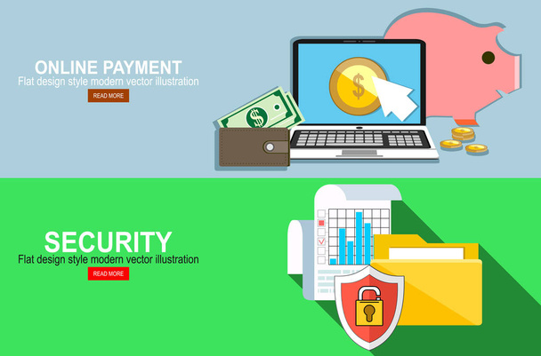 Data protection, file security and access rights concepts. Folder, documents and shield with lock icon.Pay per click, make money online concepts. Laptop, mouse cursor, gold coins and wallet. - Vector, Image