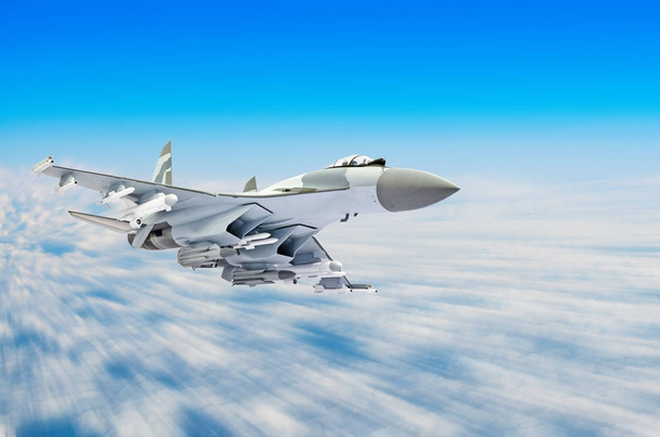 Avion de chasse militaire à grande vitesse, volant haut dans le ciel
. - Photo, image