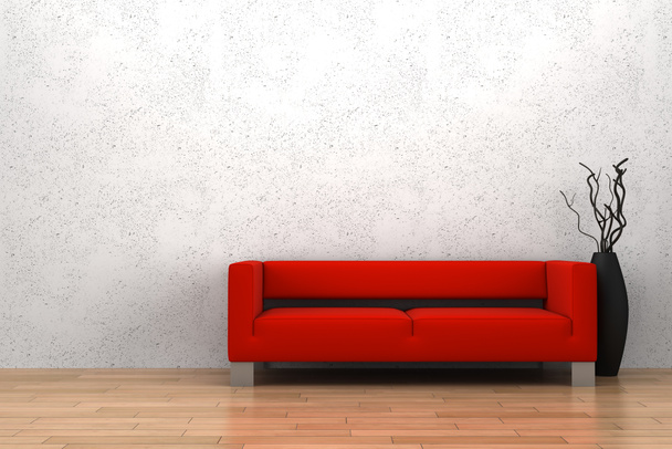 rotes Sofa und Vase mit trockenem Holz - Foto, Bild