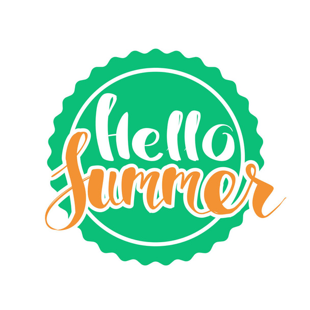 Hello Summer on color circle. Isolated Typographic Design Label. Season Holidays lettering for logo,Templates, invitation, greeting card, prints and posters. Enjoy The Beach party - Vektor, Bild