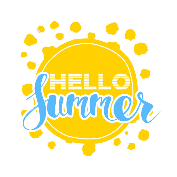 Hello Summer on color circle. Isolated Typographic Design Label. Season Holidays lettering for logo,Templates, invitation, greeting card, prints and posters. Enjoy The Beach party - Vetor, Imagem