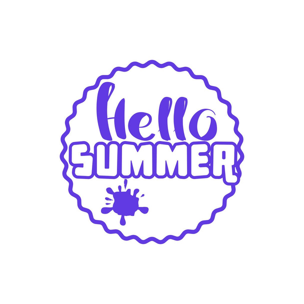 Hello Summer on color circle. Isolated Typographic Design Label. Season Holidays lettering for logo,Templates, invitation, greeting card, prints and posters. Enjoy The Beach party - Wektor, obraz