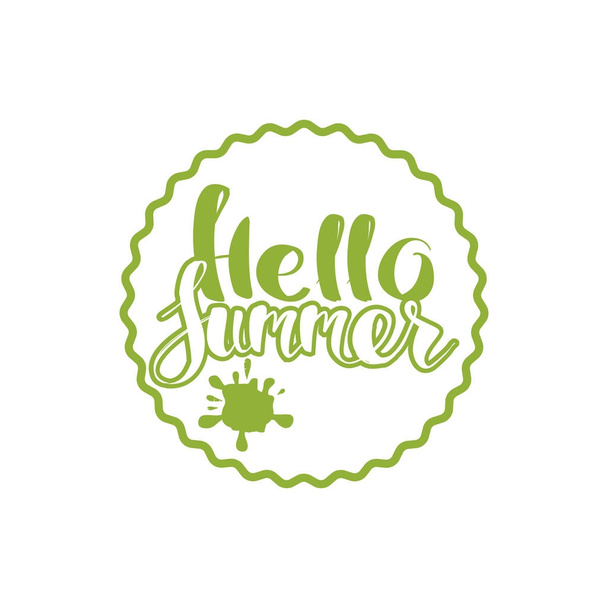 Hello Summer on color circle. Isolated Typographic Design Label. Season Holidays lettering for logo,Templates, invitation, greeting card, prints and posters. Enjoy The Beach party - Vector, afbeelding
