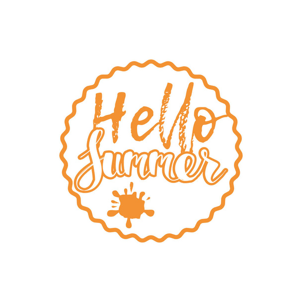 Hello Summer on color circle. Isolated Typographic Design Label. Season Holidays lettering for logo,Templates, invitation, greeting card, prints and posters. Enjoy The Beach party - Vector, imagen