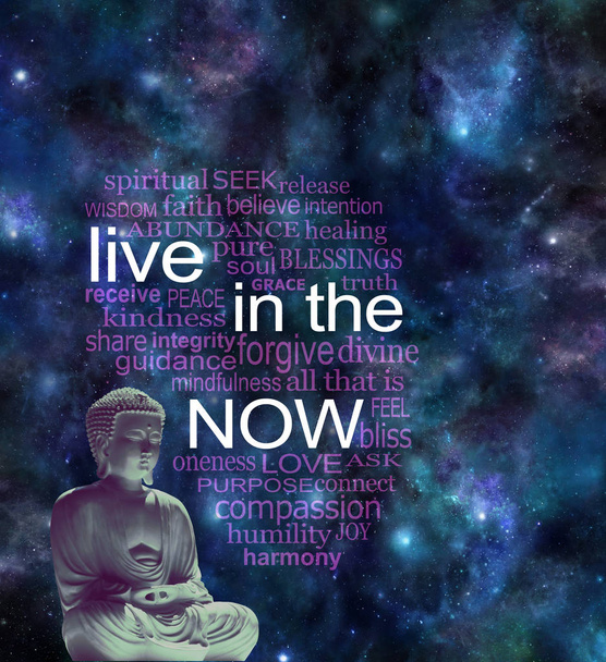 Viva na nuvem de palavras NOW - figura de Buda meditando sentada com brilho quente contra um fundo cósmico do céu noturno com uma nuvem de palavras LIVE IN THE NOW
                                 - Foto, Imagem