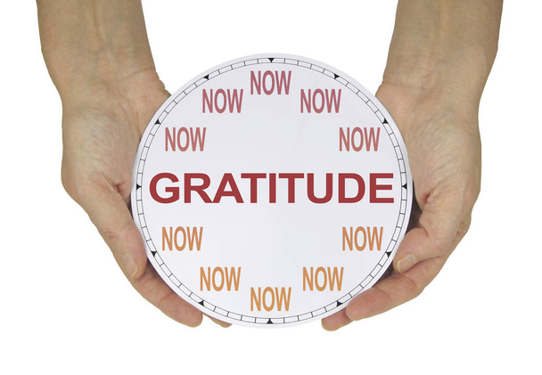 Cultivate a GRATITUDE attitude NOW  - female hands holding a clock with no hands that has NOW in place of the numerals and GRATITUDE instead of hands isolated on a white background  - Photo, Image