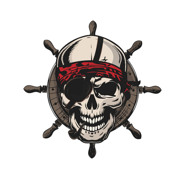 Αρχικό pirate κρανίο ρετρό λογότυπο με τροχό σωλήνα και το χέρι το κάπνισμα. - Διάνυσμα, εικόνα